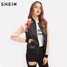 Load image into Gallery viewer, SHEIN Symmetric Embroidery Patch Contrast Raglan Sleeve Bomber Jacket Women Color Block Zipper Autumn Casual Jackets