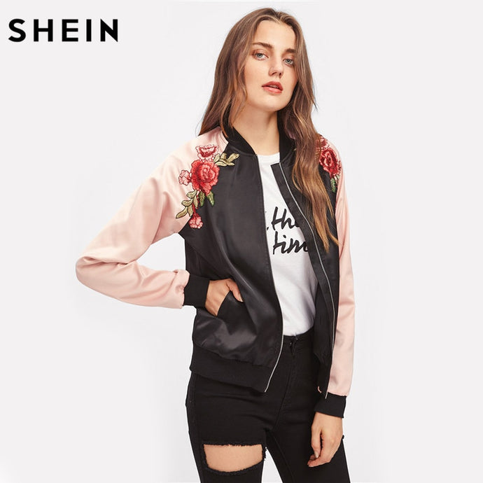 SHEIN Symmetric Embroidery Patch Contrast Raglan Sleeve Bomber Jacket Women Color Block Zipper Autumn Casual Jackets