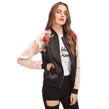 Load image into Gallery viewer, SHEIN Symmetric Embroidery Patch Contrast Raglan Sleeve Bomber Jacket Women Color Block Zipper Autumn Casual Jackets