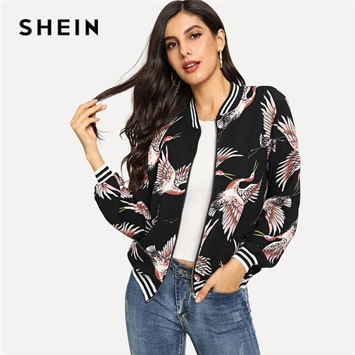 SHEIN Black Highstreet Preppy Crane Print Stripe Trim Bomber Stand Collar Jacket 2018 Autumn Campus Women Coat And Outerwear