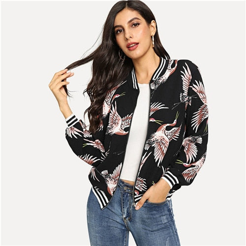 SHEIN Black Highstreet Preppy Crane Print Stripe Trim Bomber Stand Collar Jacket 2018 Autumn Campus Women Coat And Outerwear