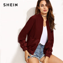 Load image into Gallery viewer, SHEIN Maroon Casual Color Block Pocket Patchwork Panel Bomber Zipper Up Jacket Autumn Modern Lady Fashion Women Coat Outerwear