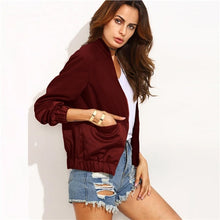 Load image into Gallery viewer, SHEIN Maroon Casual Color Block Pocket Patchwork Panel Bomber Zipper Up Jacket Autumn Modern Lady Fashion Women Coat Outerwear