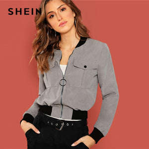 SHEIN Grey Casual Solid Button Zip Up Flap Pocket Stand Collar Bomber Jacket 2018 Autumn Modern Lady Women Coat And Outerwear
