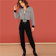 Load image into Gallery viewer, SHEIN Grey Casual Solid Button Zip Up Flap Pocket Stand Collar Bomber Jacket 2018 Autumn Modern Lady Women Coat And Outerwear