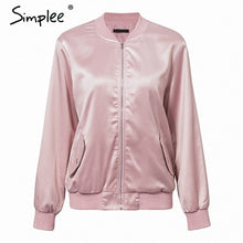 Load image into Gallery viewer, Simplee Elegant satin basic jacket coat Women lace up pocket biker jacket outerwear Autumn winter casual bomber jacket female
