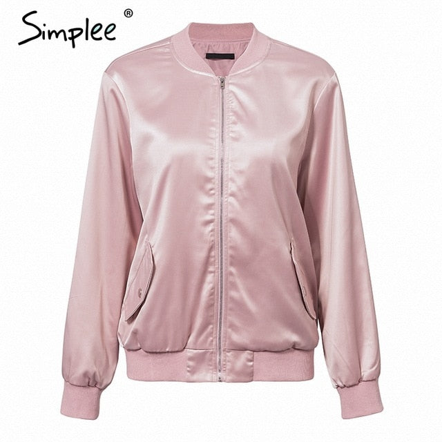 Simplee Elegant satin basic jacket coat Women lace up pocket biker jacket outerwear Autumn winter casual bomber jacket female