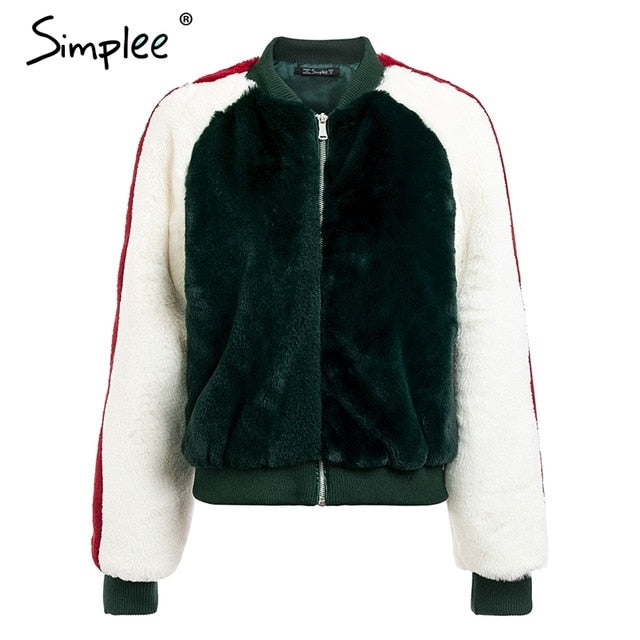 Simplee Furry faux fur coat women short Zipper bomber female jacket Autumn casual lady korean outerwear winter coat fashion 2018
