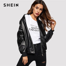 Load image into Gallery viewer, SHEIN Black Zip Up Faux Leather Bomber Plain Stand Collar Bomber Jacket Autumn Zipper Casual Elegant Women Coat Outerwear