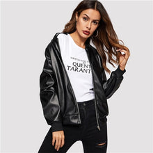 Load image into Gallery viewer, SHEIN Black Zip Up Faux Leather Bomber Plain Stand Collar Bomber Jacket Autumn Zipper Casual Elegant Women Coat Outerwear
