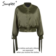 Load image into Gallery viewer, Simplee Basic army green bomber jacket coat women Satin long sleeve pocket biker jacket outerwear Autumn casual streetwear
