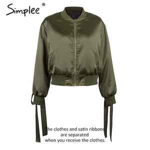 Simplee Basic army green bomber jacket coat women Satin long sleeve pocket biker jacket outerwear Autumn casual streetwear