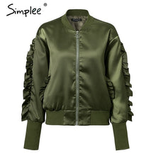 Load image into Gallery viewer, Simplee Basic army green bomber jacket coat women Satin long sleeve pocket biker jacket outerwear Autumn casual streetwear