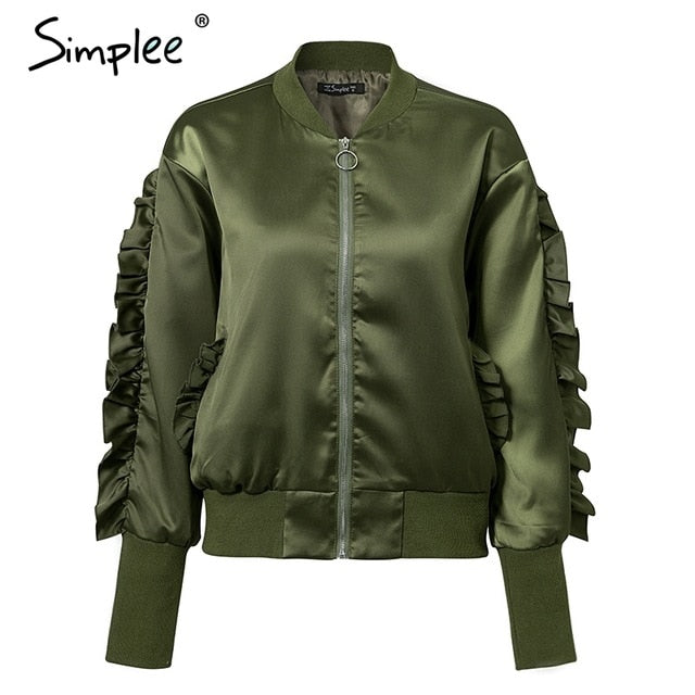 Simplee Basic army green bomber jacket coat women Satin long sleeve pocket biker jacket outerwear Autumn casual streetwear