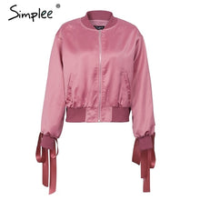 Load image into Gallery viewer, Simplee Basic army green bomber jacket coat women Satin long sleeve pocket biker jacket outerwear Autumn casual streetwear