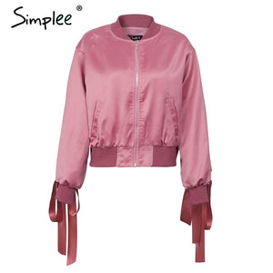 Simplee Basic army green bomber jacket coat women Satin long sleeve pocket biker jacket outerwear Autumn casual streetwear