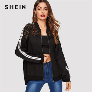 SHEIN Black Zip Up Lace Shoulder Striped Tape Sleeve Bomber Jacket Spring Women Casual Basic Long Sleeve Outerwear Mesh Coat