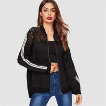 Load image into Gallery viewer, SHEIN Black Zip Up Lace Shoulder Striped Tape Sleeve Bomber Jacket Spring Women Casual Basic Long Sleeve Outerwear Mesh Coat