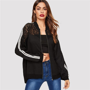 SHEIN Black Zip Up Lace Shoulder Striped Tape Sleeve Bomber Jacket Spring Women Casual Basic Long Sleeve Outerwear Mesh Coat